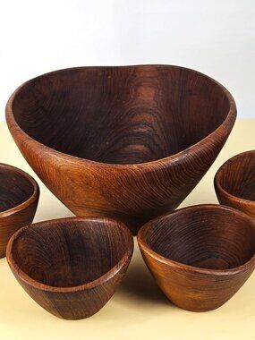 1970s Goodwood Dark Teak Large Salad Bowl & 4 Serving Bowls Thailand Very Nice